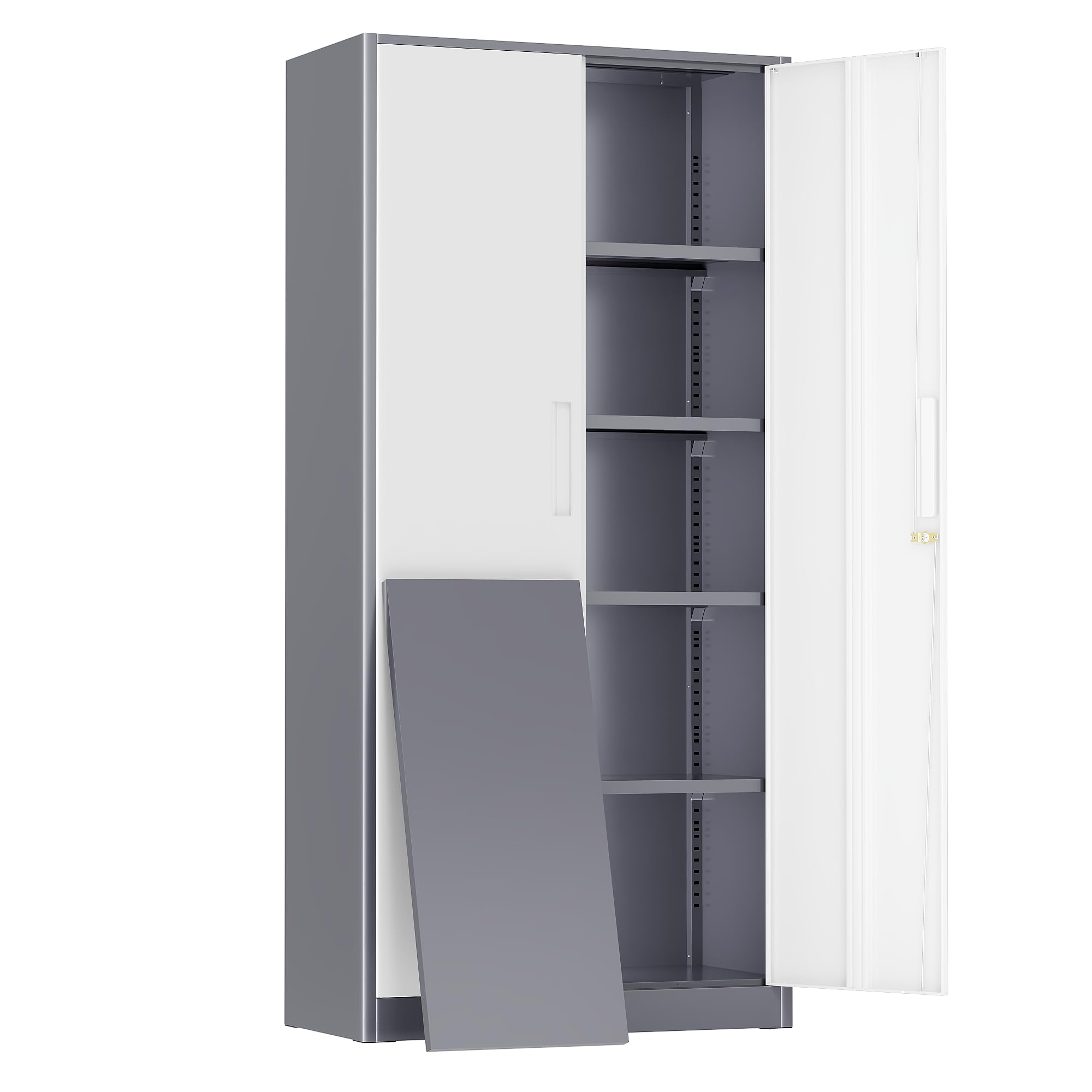 Greenvelly Metal Storage Cabinet, 72" Locking Metal Garage Storage Cabinet with Doors and 4 Adjustable Shelves, Lockable Steel Cabinet for Home Office, Garage, Shop, School (White Grey 32" W x 16" D)