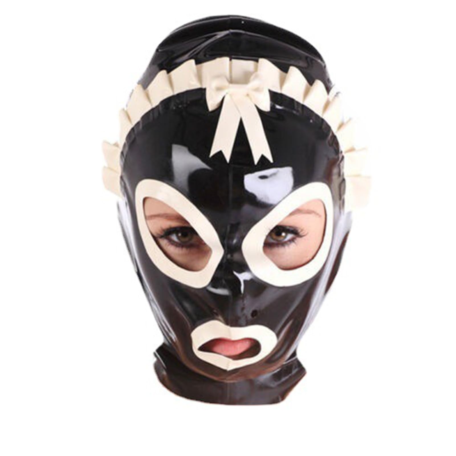 DSPENGS Latex Hood BDSM Halloween Riding Mask Rubber Head Mask Back Zipper Exposed Eyes Mouth for Cosplay Party(Size:XS-60CM)