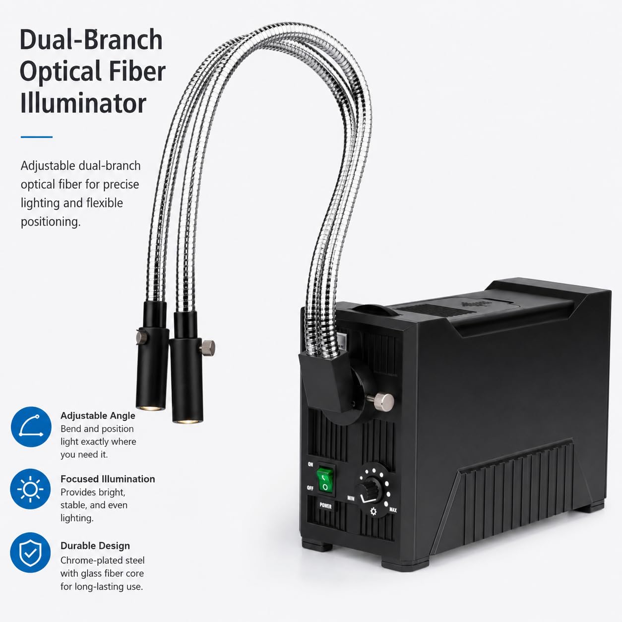 Iluminador de microscopio de fibra óptica con doble fuente de luz LED de cuello de cisne, apertura ajustable y rango de longitud de onda de 570-900 nm