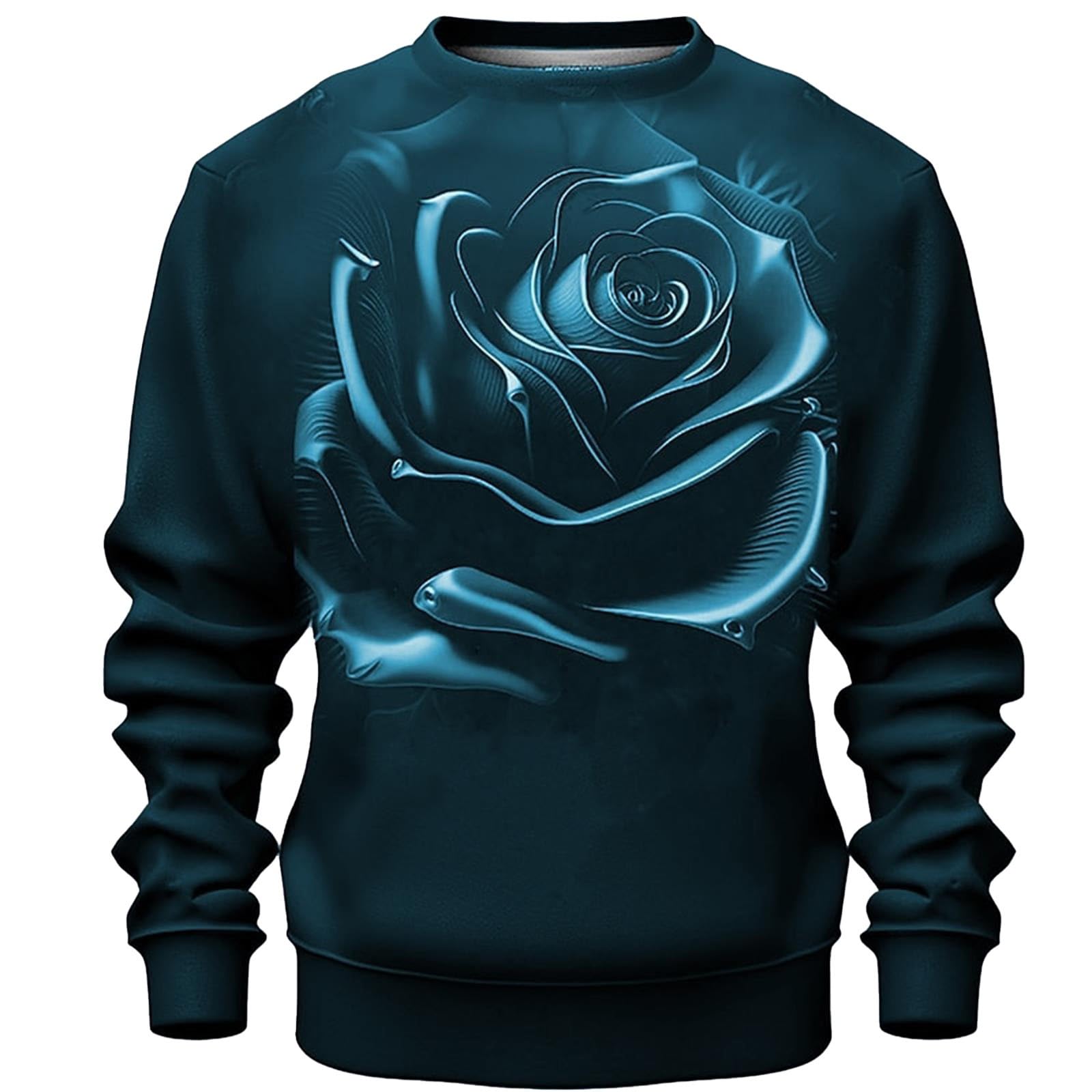 Generisch Valentine's Day Pullover Men's Sweatshirt with 3D Flower Print Long Sleeve Crew Neck Sports Shirt Leisure Vintage Tops Without Hood Sweatshirts Rose Print Pullover Training T-Shirt, blue