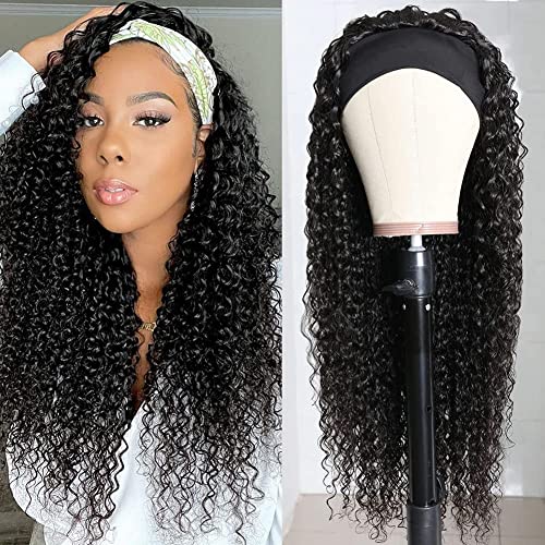 Image of Headband Wig Human Hair Kinky Curly for Black Women 22 Inch Natural Colour | Deep Curly Human Hair Wigs None Lace Front Wig,Brazilian Virgin Hair,Glueless Wear Go Beginner Friendly,Quick Install