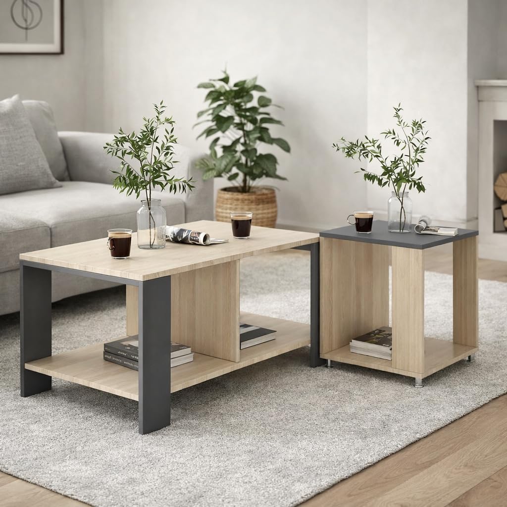 Engineered Wood Centre Table 50x90x45 CM with Corner End Table 45x45x45 CM | Scratch Resistant Coffee Table & Display Table with 2 Shelf | 1 Year Warranty- Acacia Light with Grey