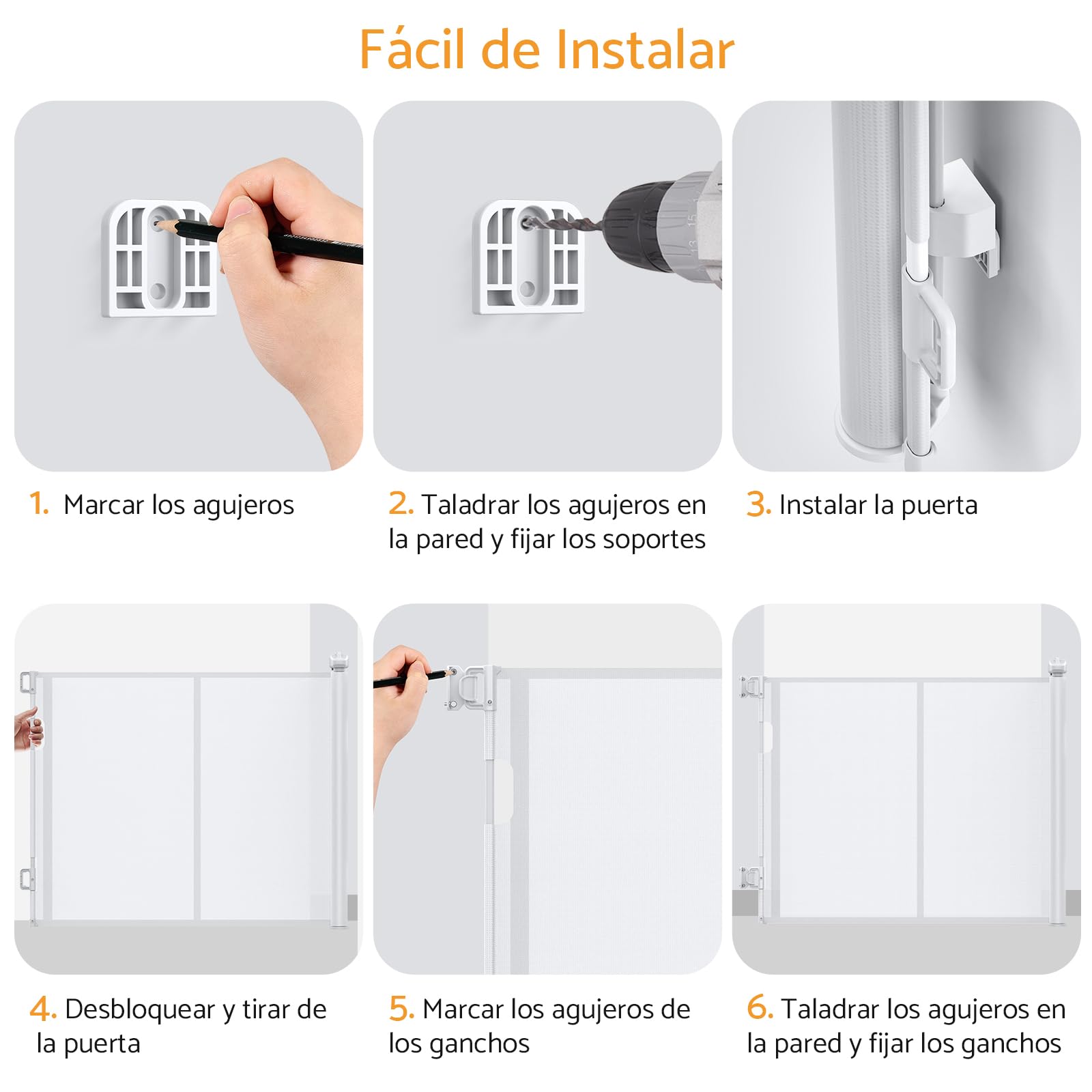 Barrera de Seguridad Extensible para Niños y Mascotas, de 0-140 cm, Barrera Retráctil con Refuerzo de Fibra de Vidrio y Cierre de Pomo, para Escaleras, Uso en Interiores y Exteriores, Blanco