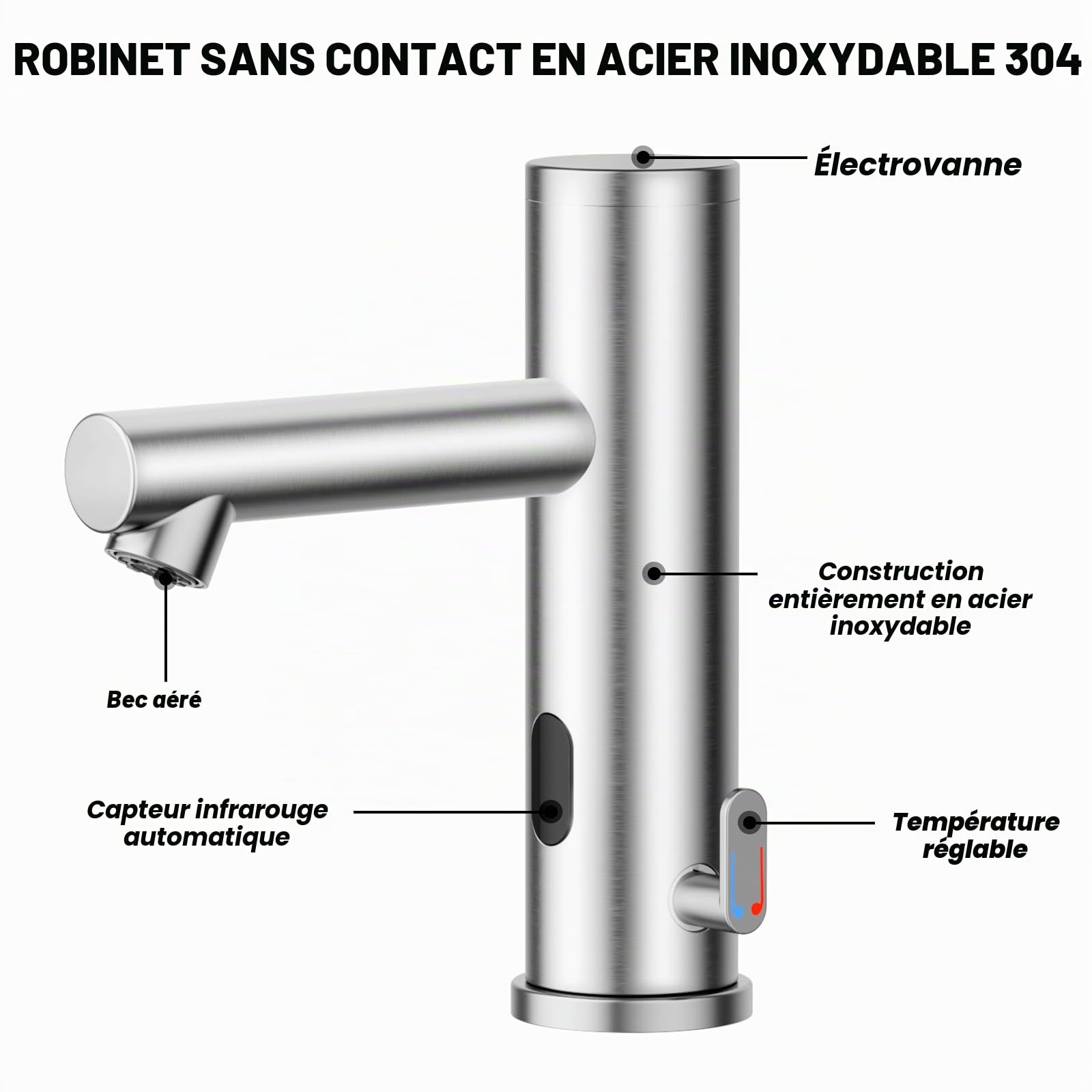 Achelous Robinet de lavabo automatique sans contact en acier inoxydable, robinet de lavabo avec capteur infrarouge mains libres avec contrôle de la température