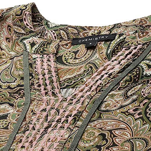 Image of Chemistry Women's Elegant Viscose Round Neck Paisley Printed Kurta | Regular Ethic Wear | Soft and Flowy Texture | Classic and Timeless Appeal with Three-Quarter Sleeves | Versatile for Casual Outings, Festive Occasions, OfficeWear |Olive Green
