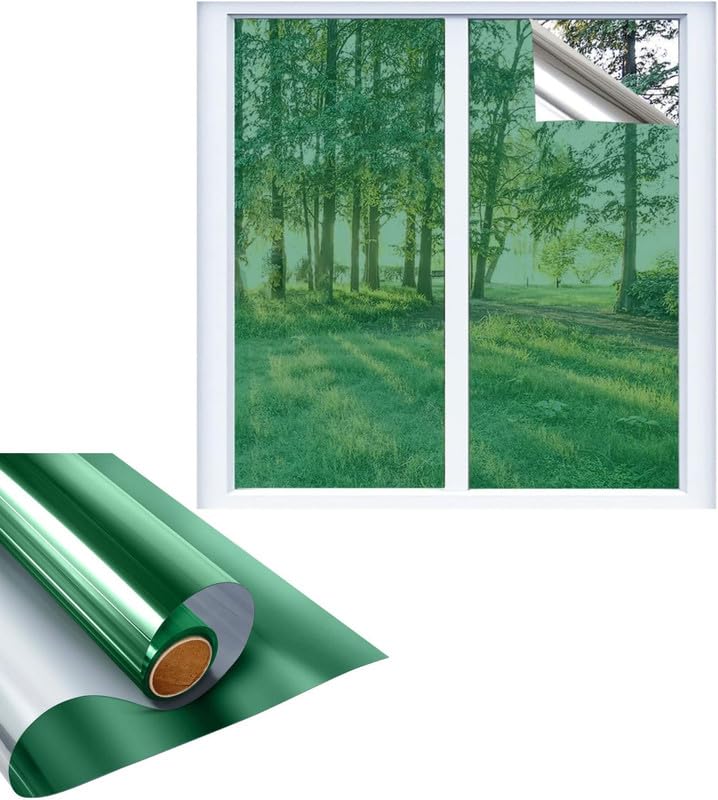 Image of CREON One Way Window Film, Privacy Window, UV Blocking, Non-Adhesive Static Cling Heat Control Reflective Glass Film for Home and Office 20x55 (Inch), Slvr-Green