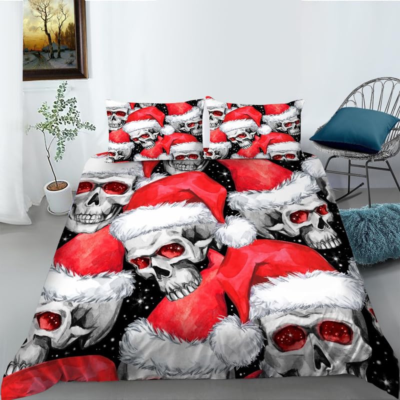 Housse de couette 220x240 squelettes de Noël noirs avec taies 65x65 en microfibre