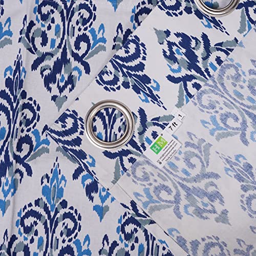 Image of HOMEMONDE 9 Feet Long Cotton Curtains Ikkat Printed Home Decoration Drapes for Bedroom, Blue Ikkat, Pack of 2, Grommets