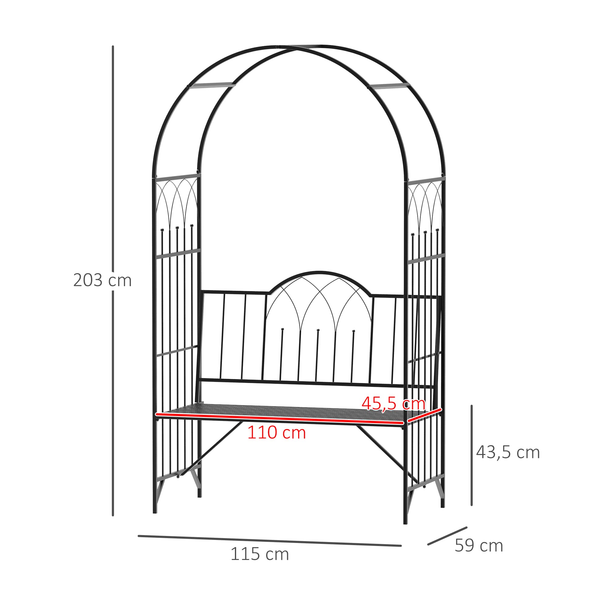 Outsunny Arche à rosiers Banc de Jardin 2 Places 2 en 1 dim. 115L x 59l x 203H cm métal époxy Noir