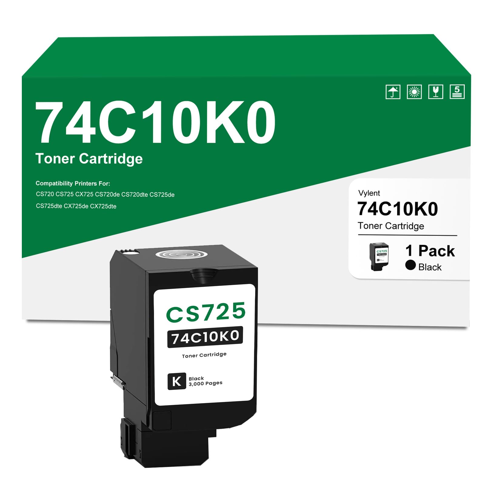 Vylent CS720 CS725 CX725 Black Toner Cartridge 74C10 Replacement for Lexmark 74C10K0 Toner Cartridge for CS720 CS725 CX725 CS720de CS720dte CS725de