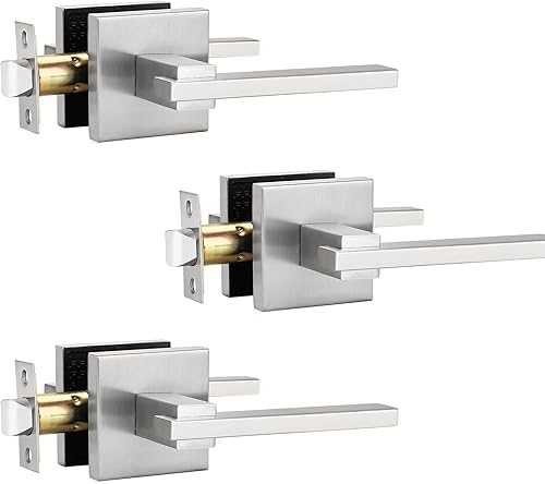 Orger Paquete de 3 manijas de puerta de paso interior de níquel satinado para pasilloarmario, manija de puerta sin llave con roseta cuadrada,