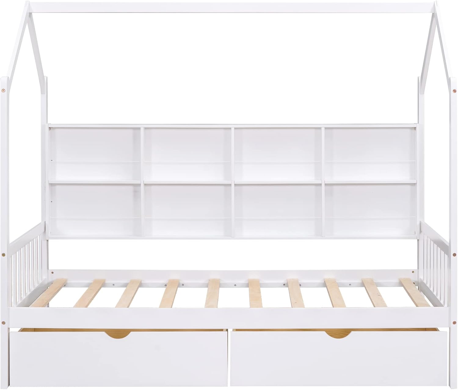 Harper & Bright Designs Twin Size House Bed with Drawers, Wood Twin House Bed Frame with Shelf Compartment, Twin Storage Bed for Kids with Roof for Girls, Boys,No Box Spring Needed, White