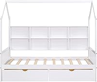 Vista 7 de Harper & Bright Designs Cama de casa de tamaño individual con cajones, marco de cama individual de madera con compartimento para estantes, cama