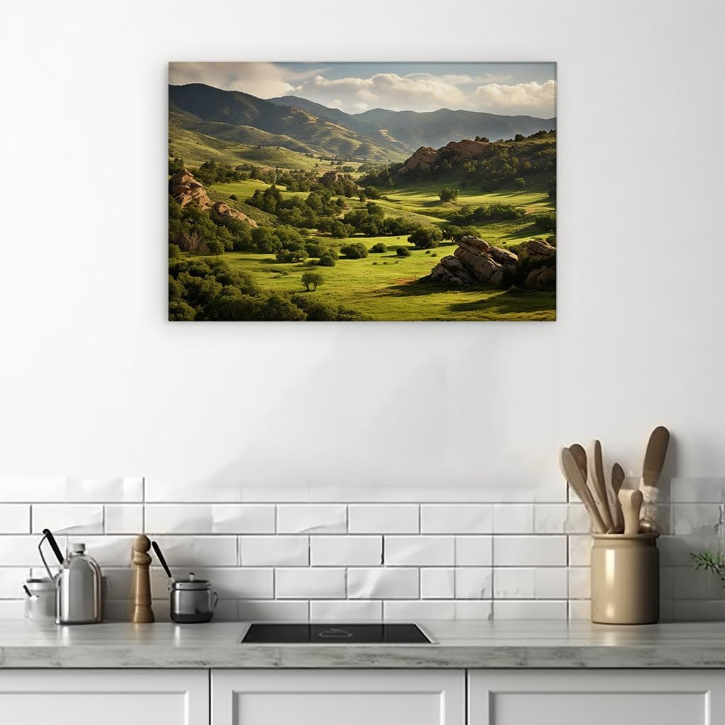 Canvas for Living room. Embracing Natural Tranquility: Discover the Lush Green Valleys and Majestic Mountains, 27 x 18 inch Canvas Wall Art - Ready to Hang