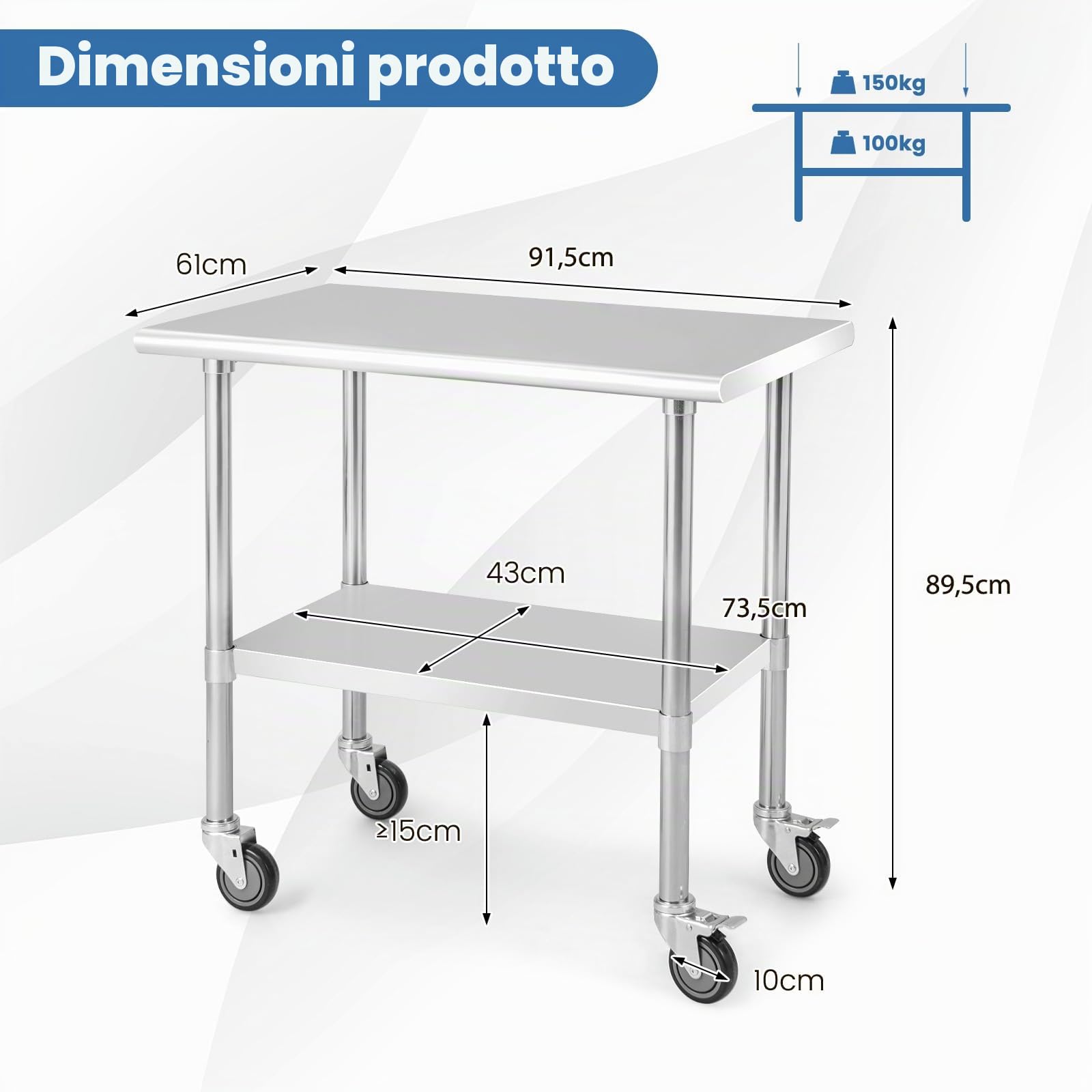KOMFOTTEU, carrello portautensili in acciaio inox con ruote, altezza regolabile, tavolo da cucina per preparazione cibi a 2 livelli, tavolo smontabile con capacità di carico 250 kg per ristorante e