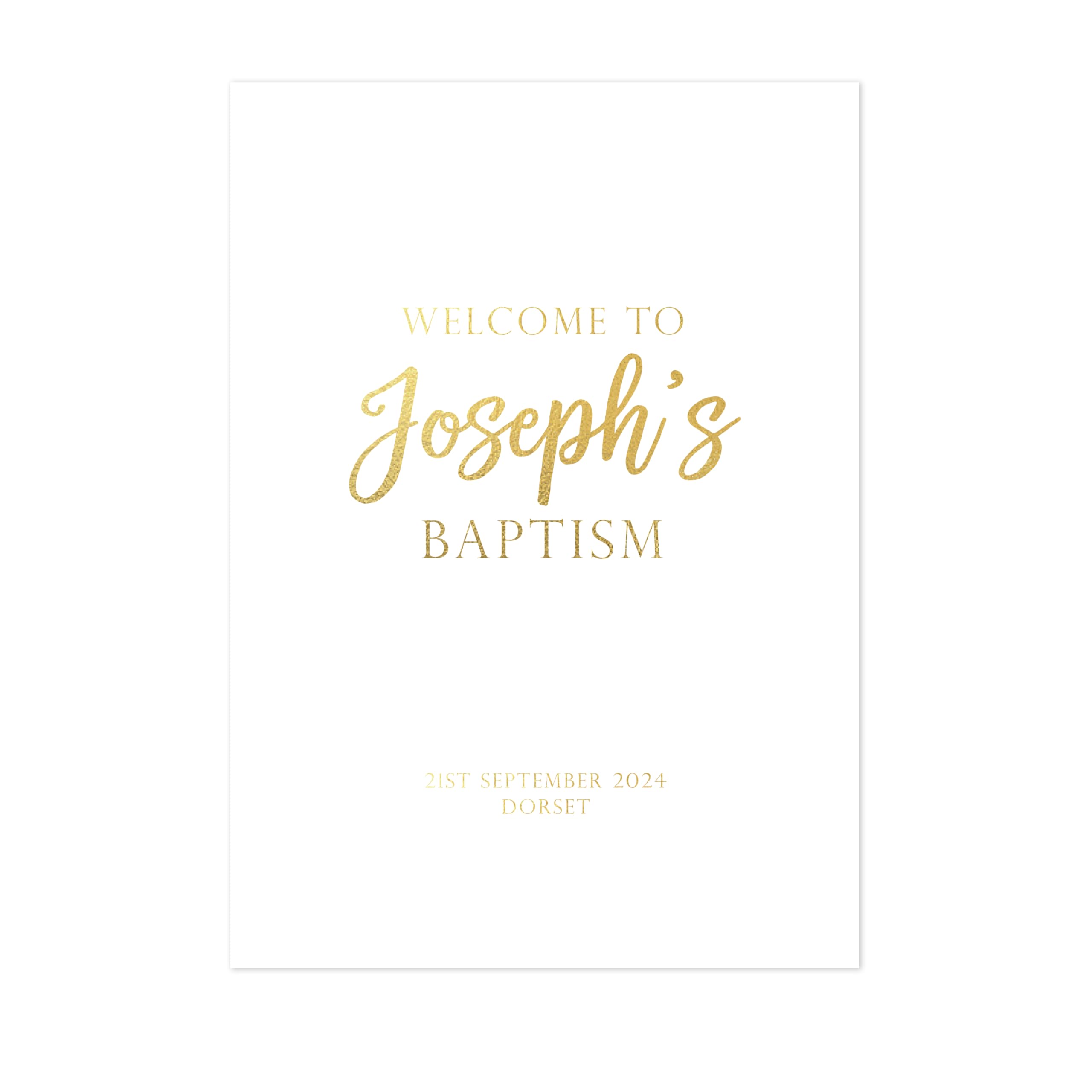 "Manta Makes Foil party sign rose gold baptism sign welcome sign, Matt black, A4 print only