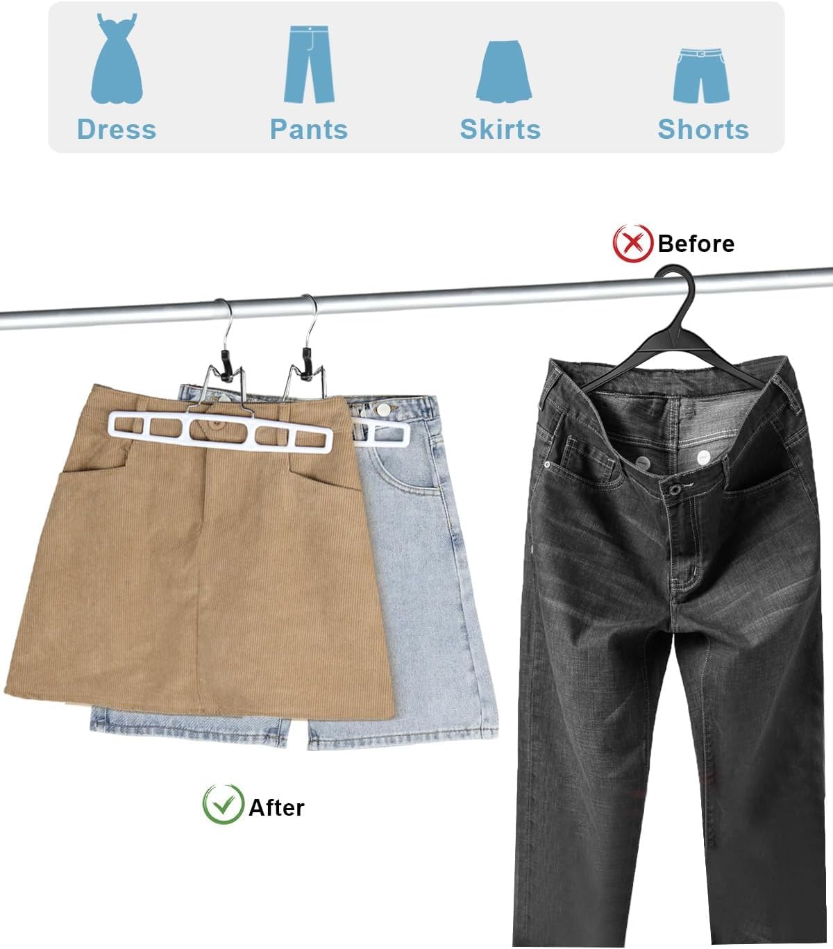 Eupako Confezione da 20 grucce per pantaloni, grucce in plastica, per donne, uomini, pantaloni, salvaspazio, con morsetto per pantaloni, jeans, pantaloncini e cintura