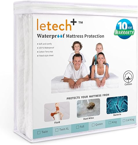 Letech+ Protector de colchón impermeable ajustado, tamaño individual XL, 100% algodón de rizo suave y transpirable, funda de colchón, bolsillo