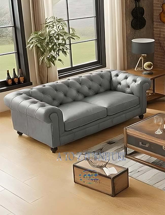 Image of A to Z Furniture Classic 3+2=5 Seater Sofa Set with Wooden leg's with Luxury Chesterfield Leatherette Sofa in for Home Living Room & Office (3+2 Light Grey)