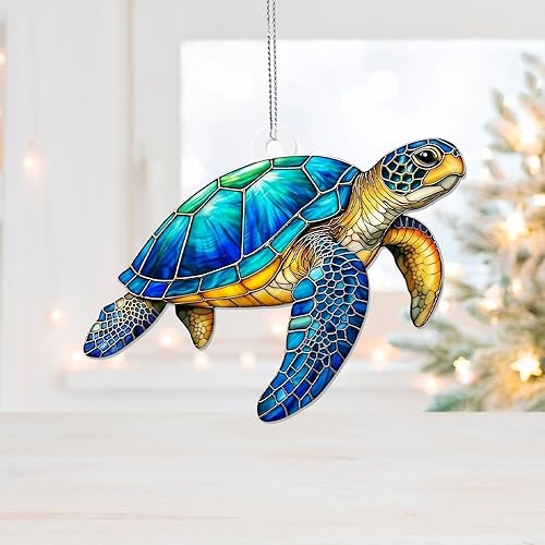 Miniatura 3 de Adorno de Navidad acrílico de tortuga marina con efecto vitral, atrapasoles colgante de ventana para familiares y amigos, decoraciones de Navidad,