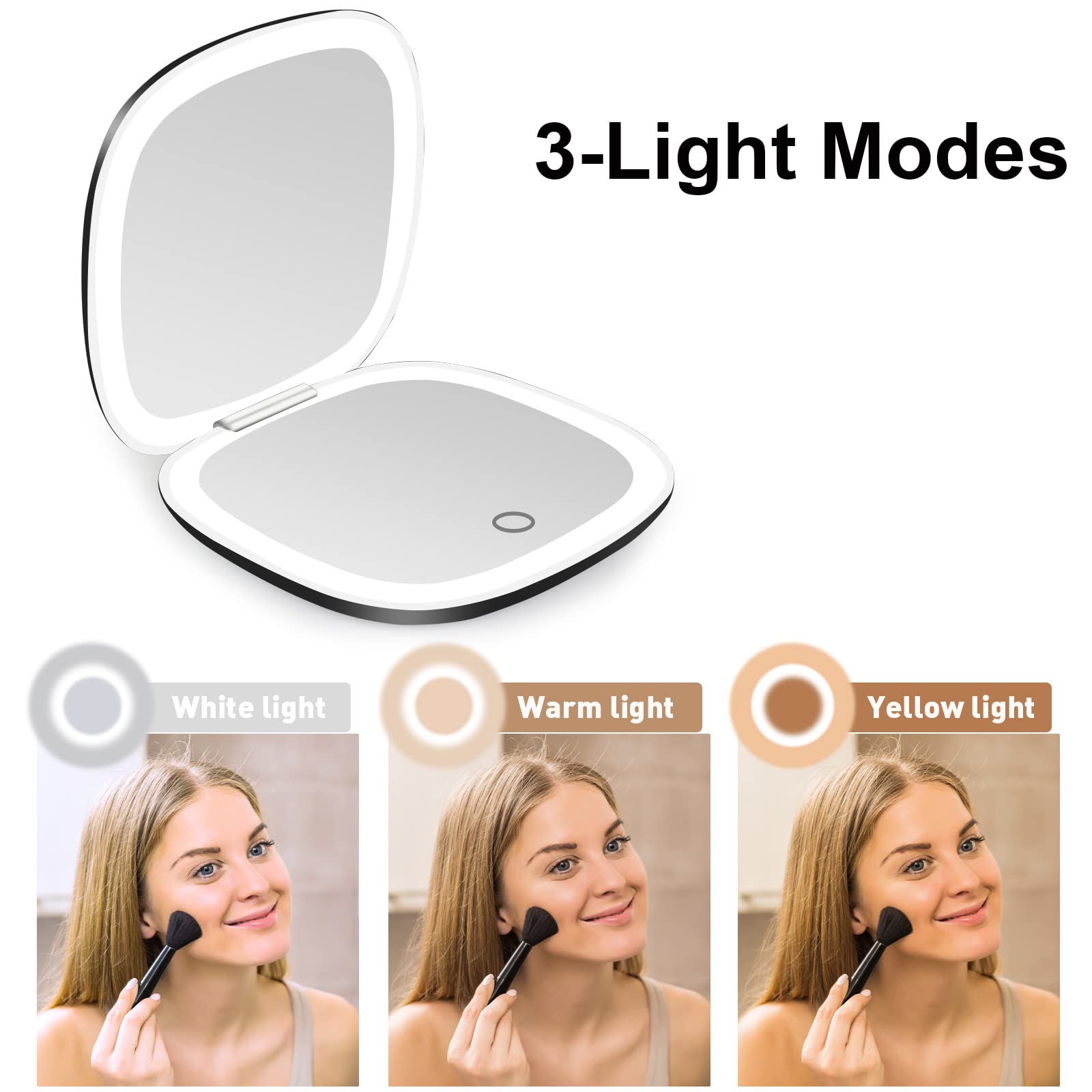 deweisn Specchio compatto, da viaggio, illuminato, con ingrandimento 1X/10X, doppio lato, dimmerabile, portatile, tascabile, per borsa, ricarica USB (nero)