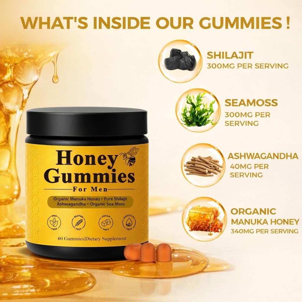 Honey Gummies for Men, Honey Gummies with Manuka, Shilajit, Ashwagandha, Sea Moss, Vegan, 60 Gummies