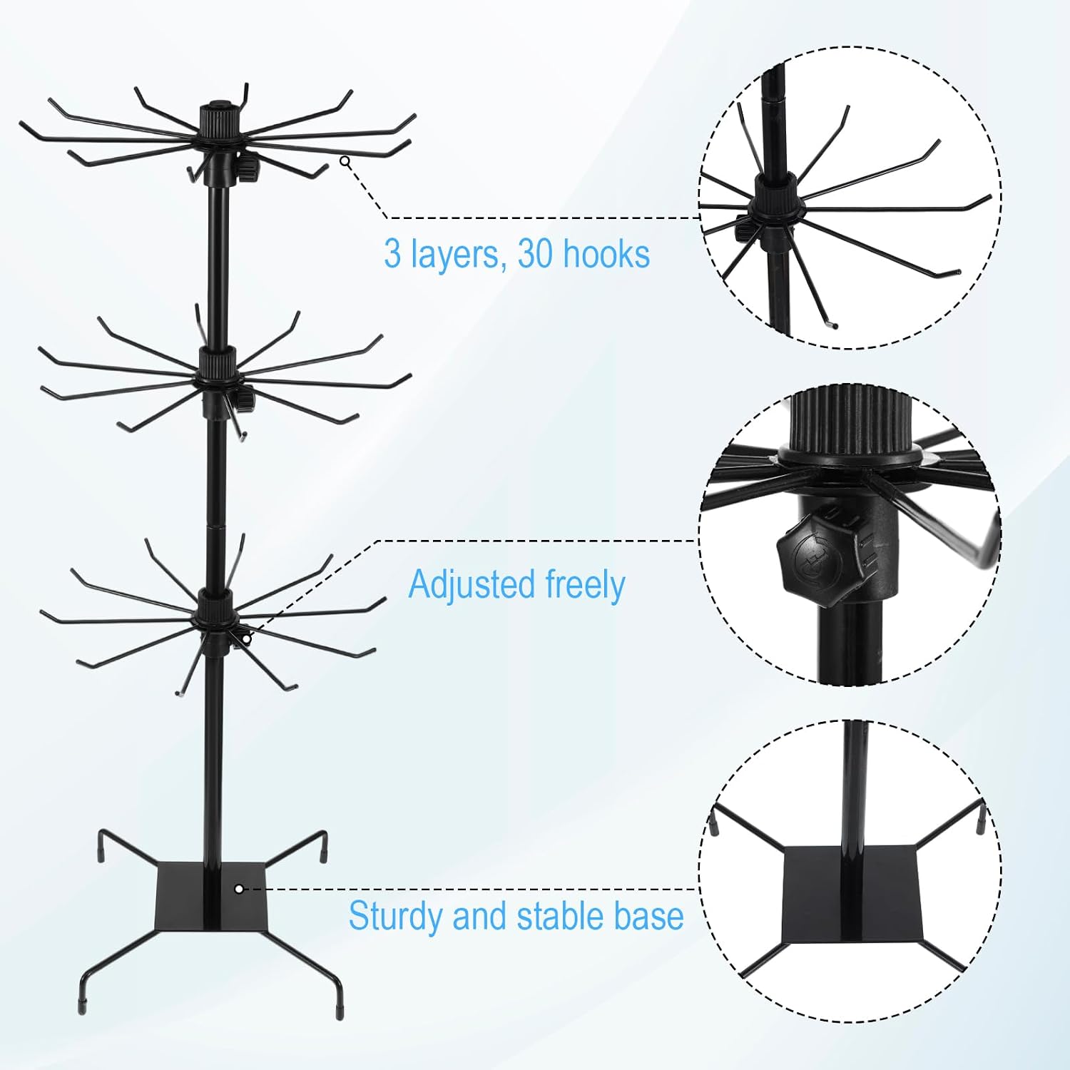 COMNICO Rotating Jewelry Display Stand with 200 Pcs Bracelet Display Cards, 3 Tier Metal Adjustable Jewelry Displays Rack with Hooks for Necklace Earrings Key Rings Hats Socks