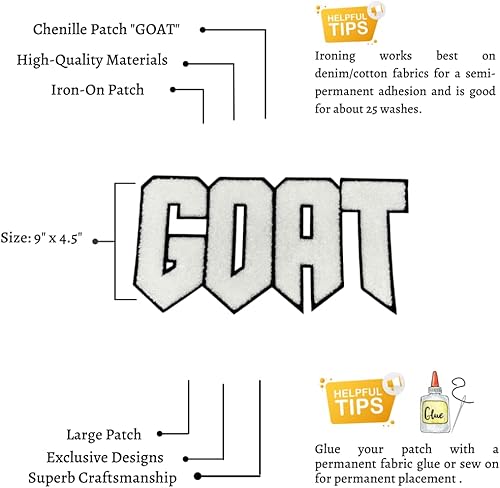 Miniatura 3 de Patch Party Club, Parche de chenilla blanca brillante "cabra" de 9 x 4 pulgadas, parche con respaldo termoadhesivo, parche grande para chaquetas