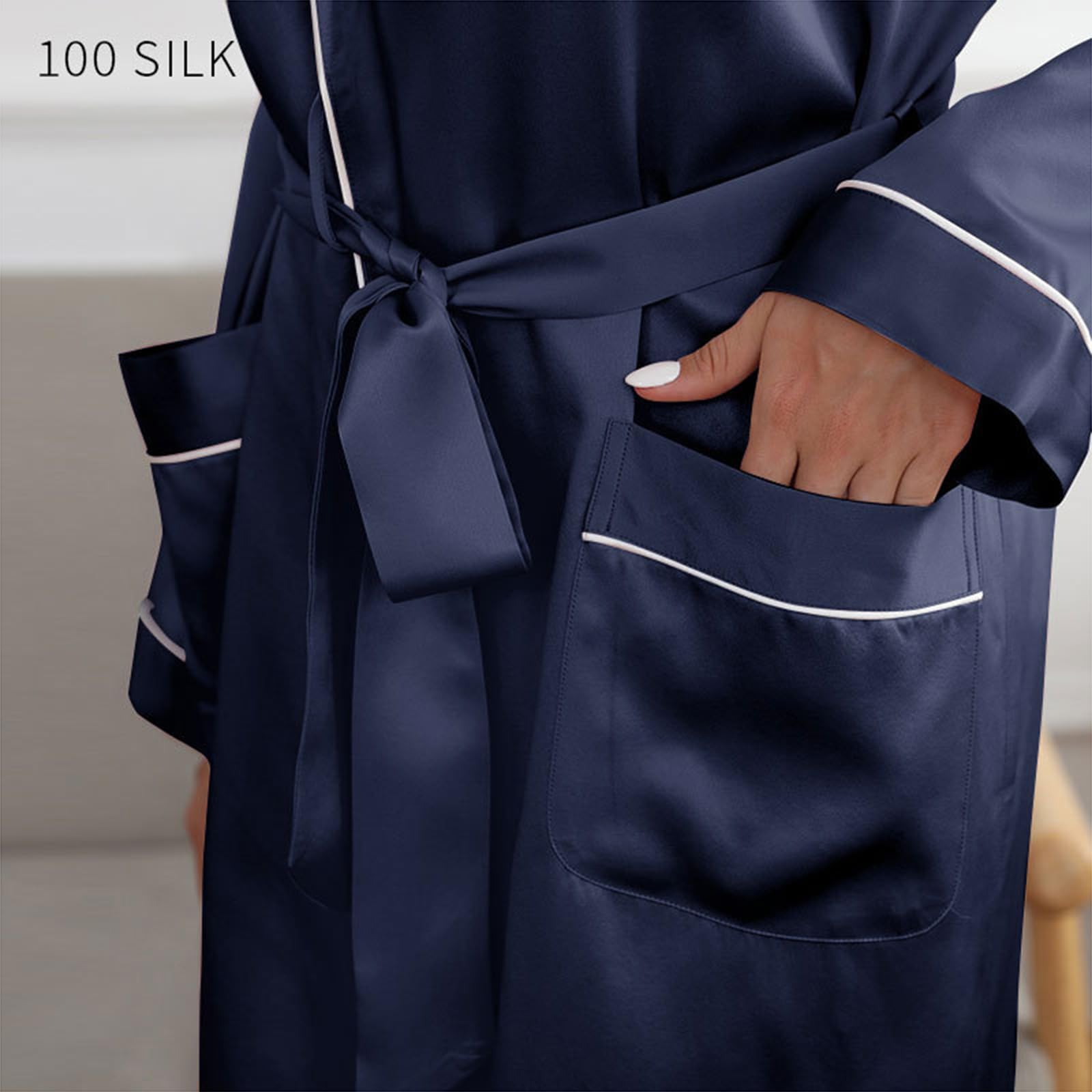 Damen Seide Nachthemden,19 Mama Sexy Satin Nacht Bademäntel Damen Satin Nachthemd,Marine,XS