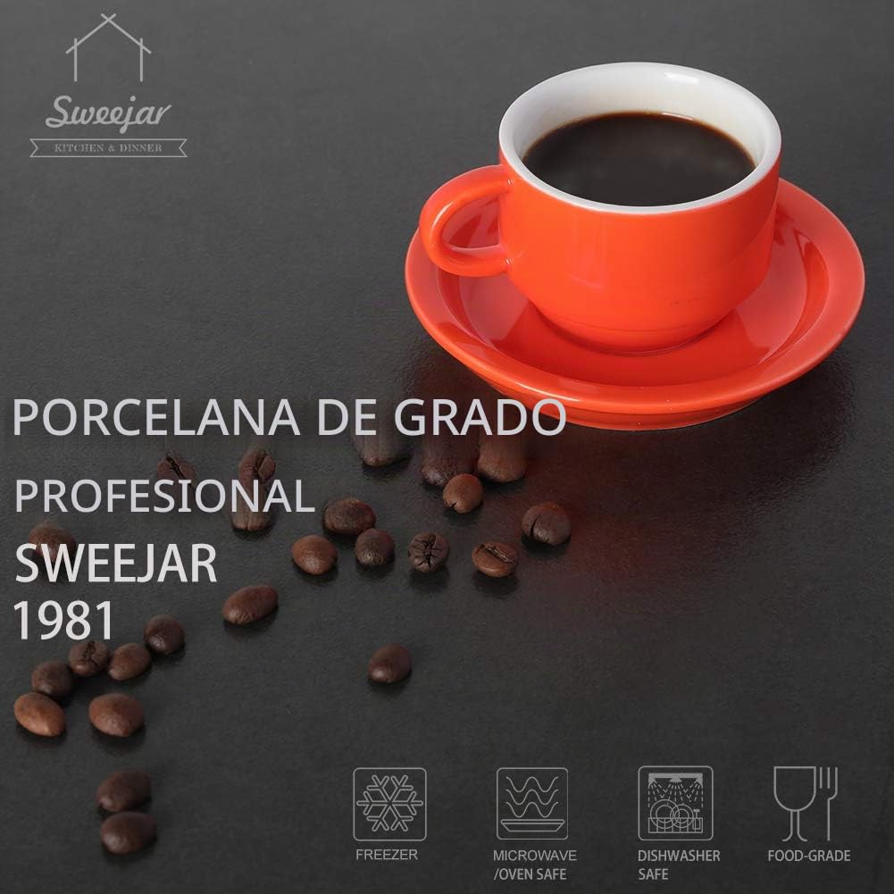 Sweejar Home Juego de 6 tazas y platillos de porcelana para café expreso, apilables, con soporte de metal, 70 ml, para café con leche, café, moca, té, multicolor