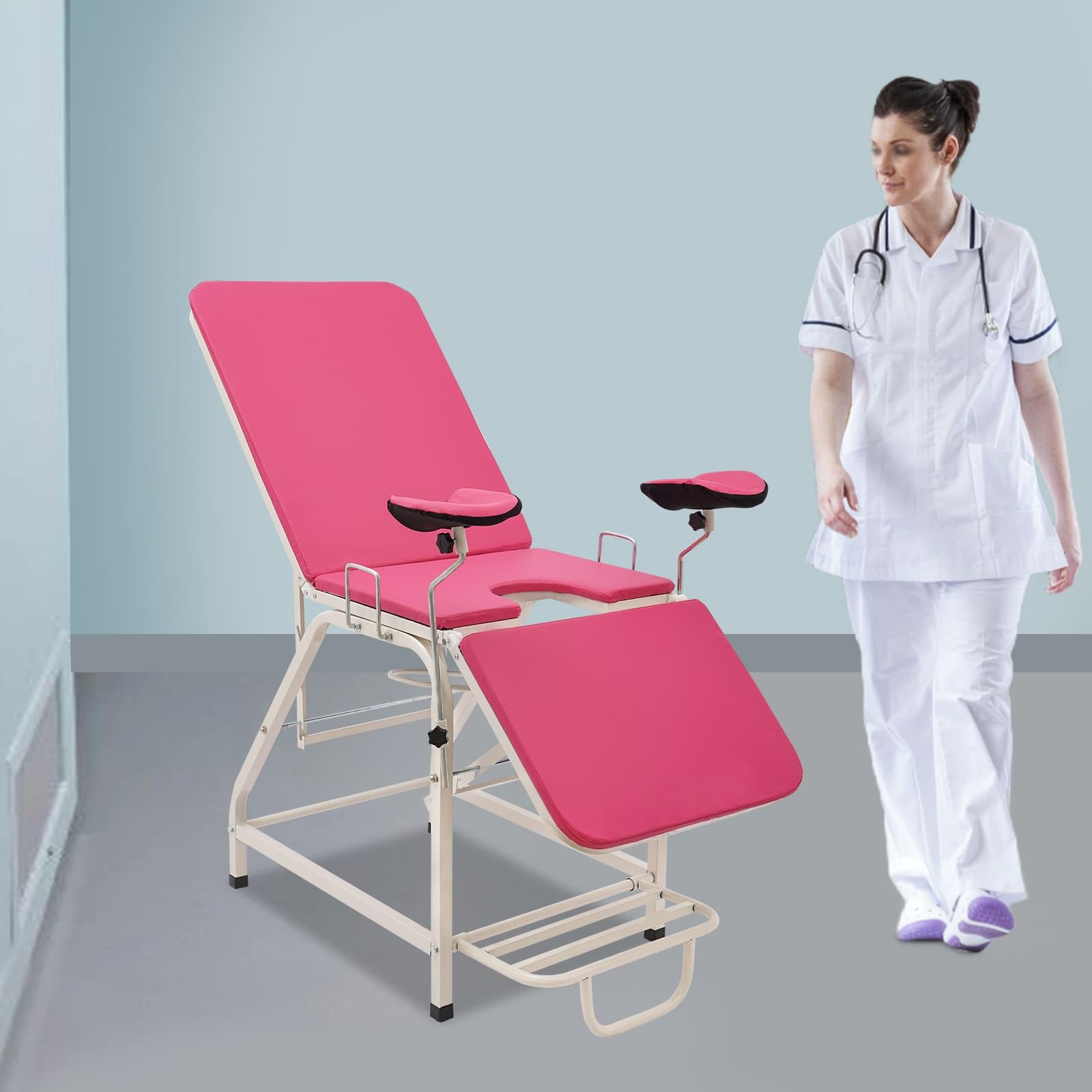 Silla/Cama de Examen Ginecológico para Sala de Parto, Ángulo Ajustable, Reposabrazos Ajustables en Altura, Capacidad de Carga 150 kg, Ideal para Hospitales y Clínicas (Rosa)