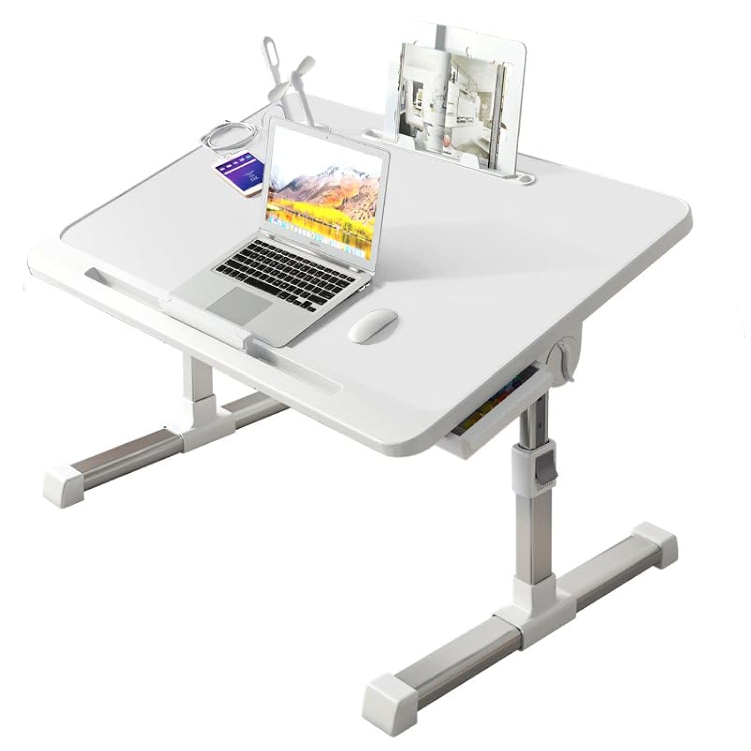 Forthcan Portable Foldable Over Bed Desk Laptop Bed Tray Desk with Storage Drawer Multifunctional Laptop Over Bed Desk for Eating, Working, Writing, Reading, Gaming, Drawing (White)