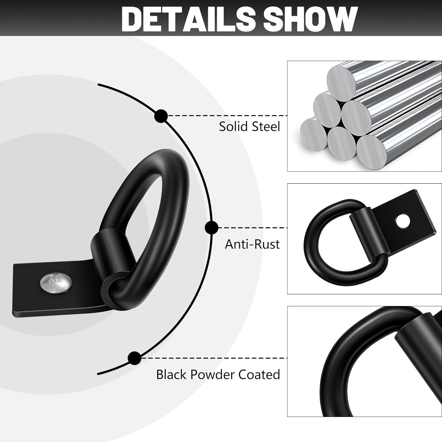 garini Black D Ring Tie Down Anchors,6Pcs Heavy Duty D Ring with Screws,Surface Mount Hooks Securing Cargo for Trailer, Truck Bed Or Deliveries