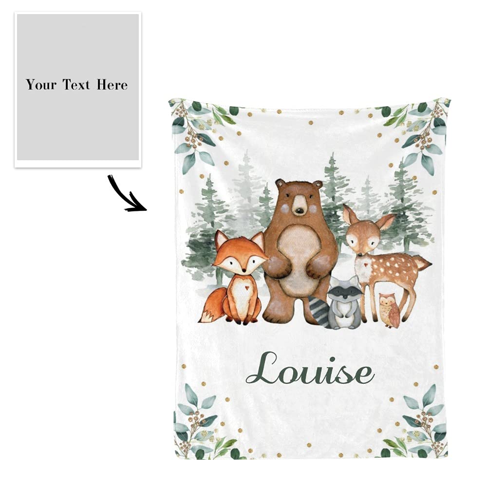 Grandkli Elegant Greenery Woodland Forest Animals Personalized Baby Blankets with Name for Boys Girls,Custom Receiving Baby Blankets Swaddle Nursery Newborn Gifts 30 X40 inch
