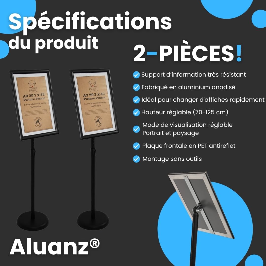Porte affiche A3 sur pied, noir | Support d’information, Hauteur réglable, Porte affiche en aluminium, Présentoir pivotant, Présentoir buffet, 75-125 cm