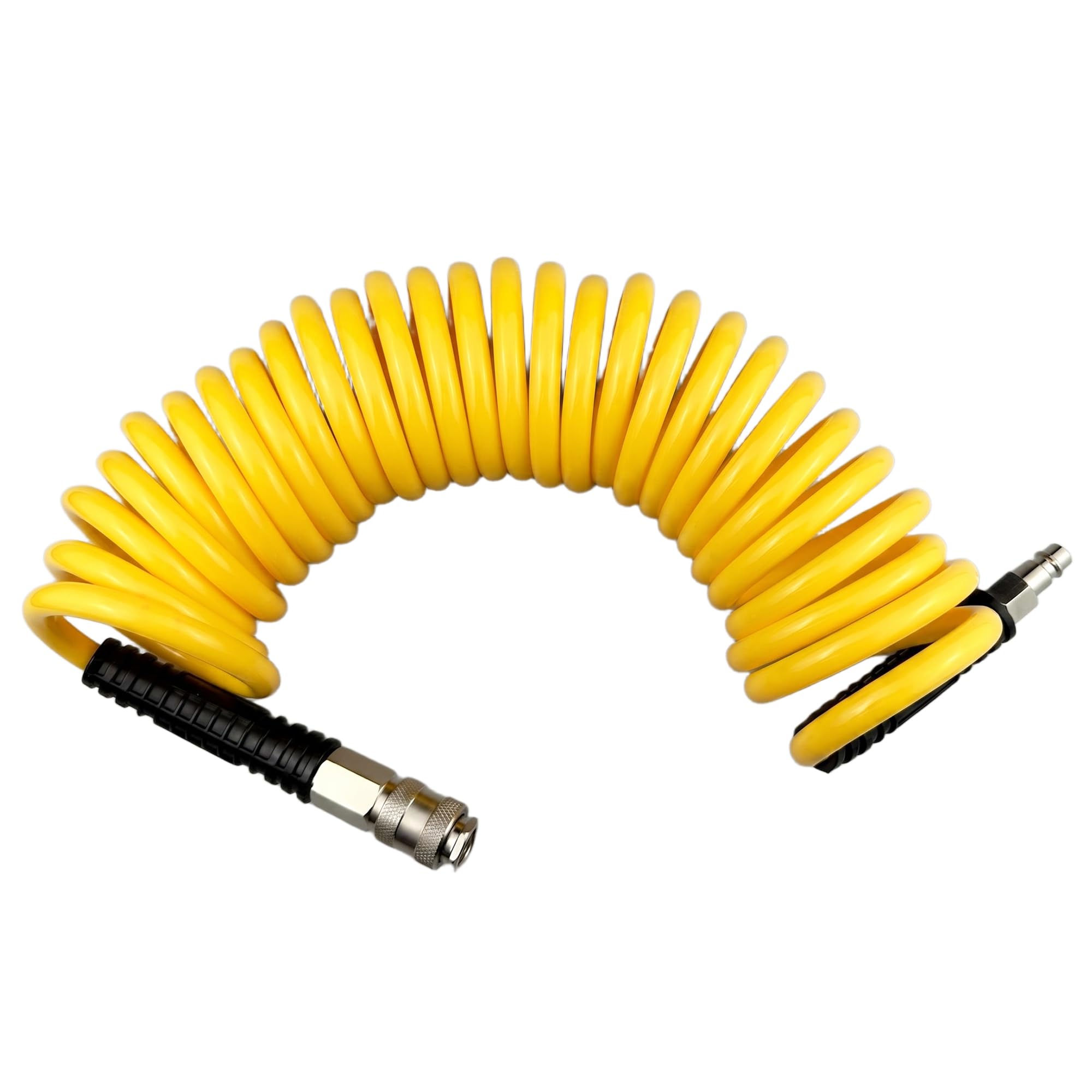 Darnassus Polyurethane Recoil Air Hose, 6 mm Inner Diameter, 6 m Yellow with Bend Restrictor and Industrial Quick Coupler and Plug — image 1
