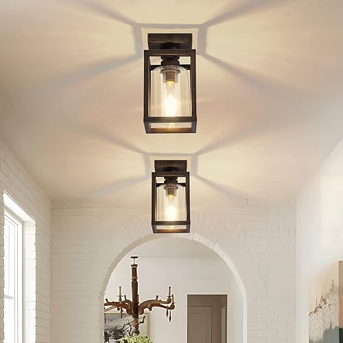 Vista 2 de Semi Flush Mount Ceiling Light Fixture, Bronze Metal Frame Ceiling Light with Clear Glass Shade, Farmhouse Light Fixtures Chandeliers for Dining