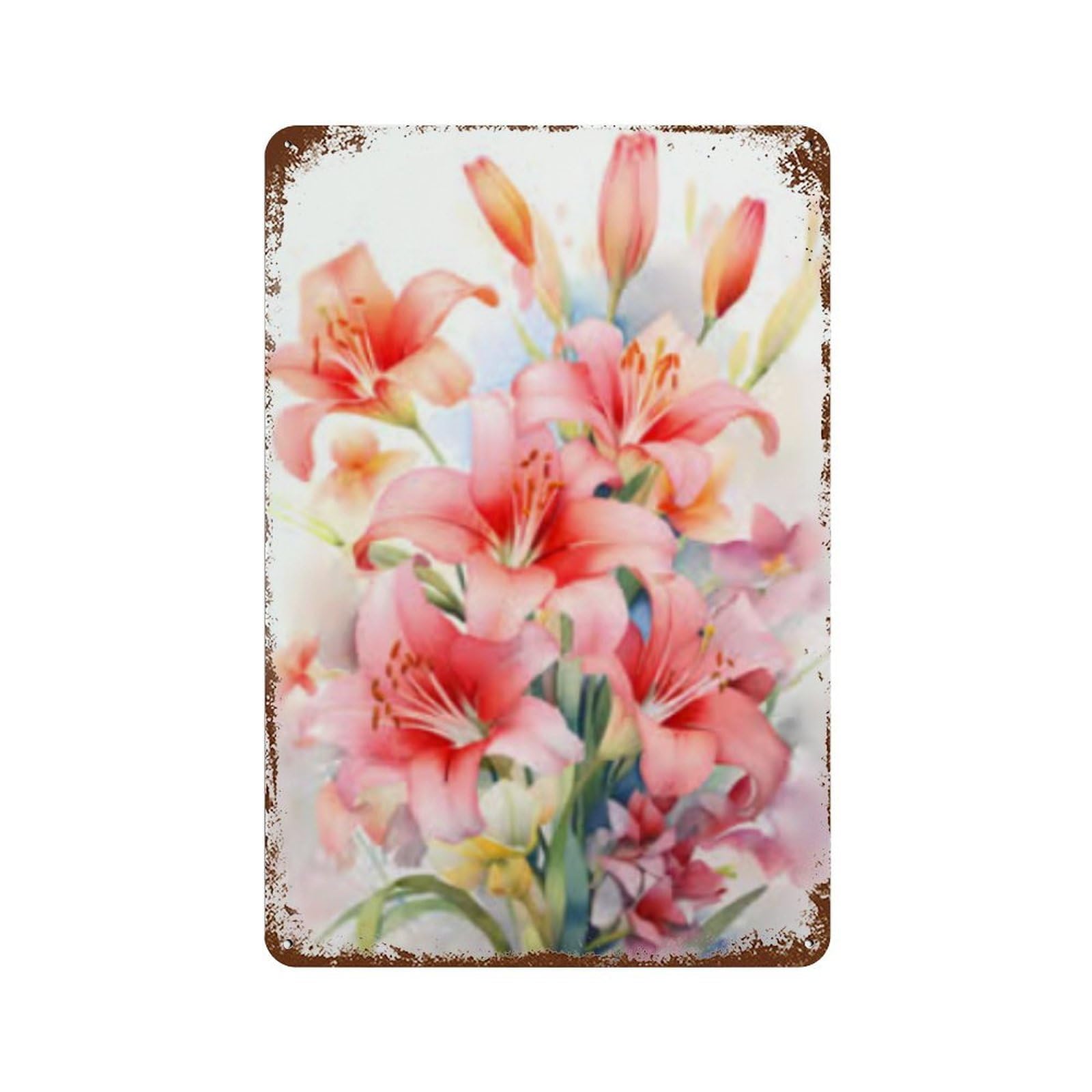 Rustic Tin Plaque Watercolor Lily Flowers Art Print 11.8"x7.9", Vintage Wall Decor for Pub, Kitchen And Man Cave Decor