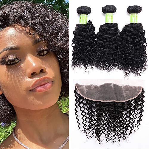 fani Kinky Curly Human Hair Bundles with 13 x 4 Lace Frontal (8" 10" 12" + 8") Brazilian Virgin Hair Curly Hair Weave Bundles with Lace Front Closure Natural Black