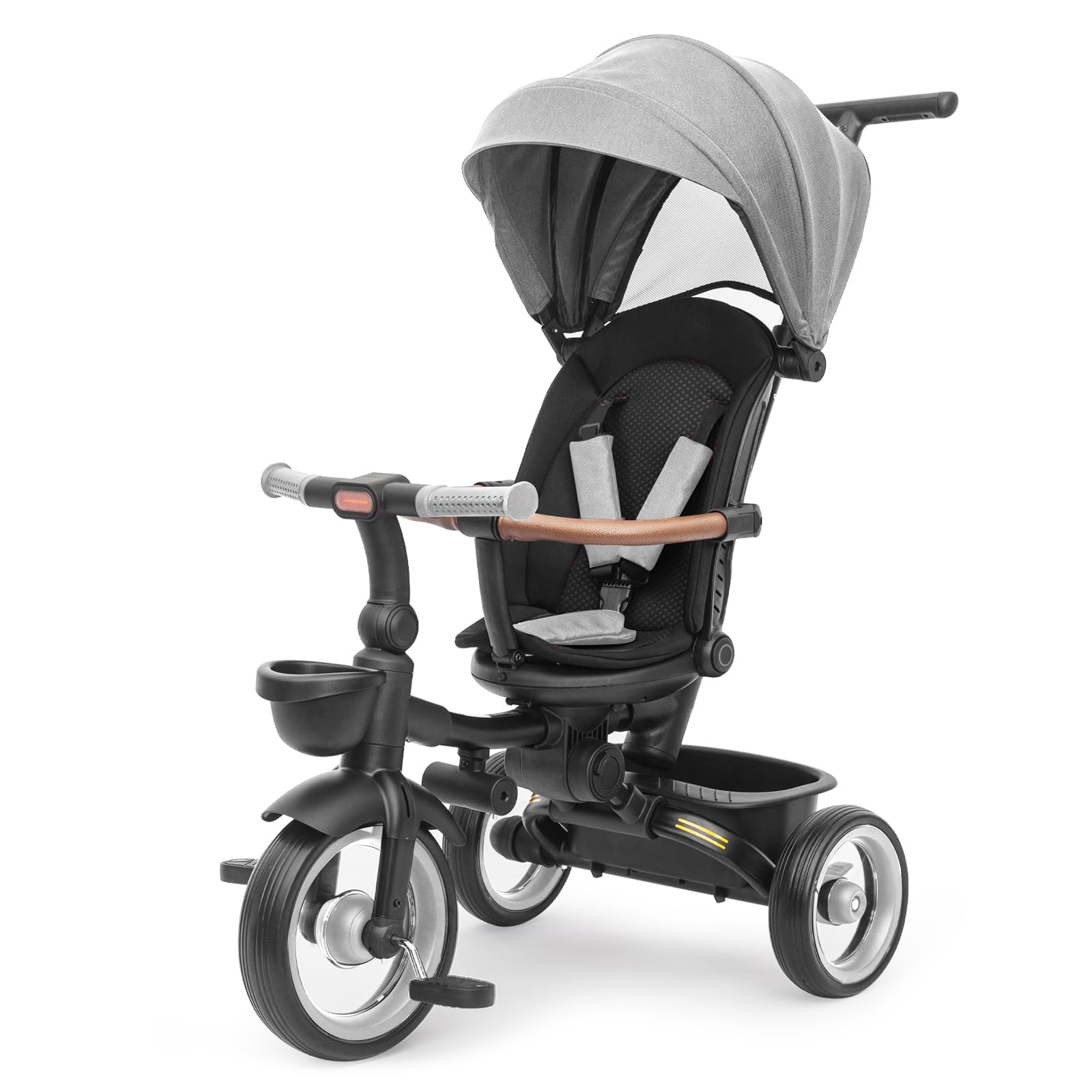 UBRAVOO Baby Tricycle,7 in 1 Foldable Trike for Kids age 10M+ to 5 Years,Headlights.1-Step Brake Folding Pedal, Extended Canopy, Detachable Guardrail (Gray-Black)