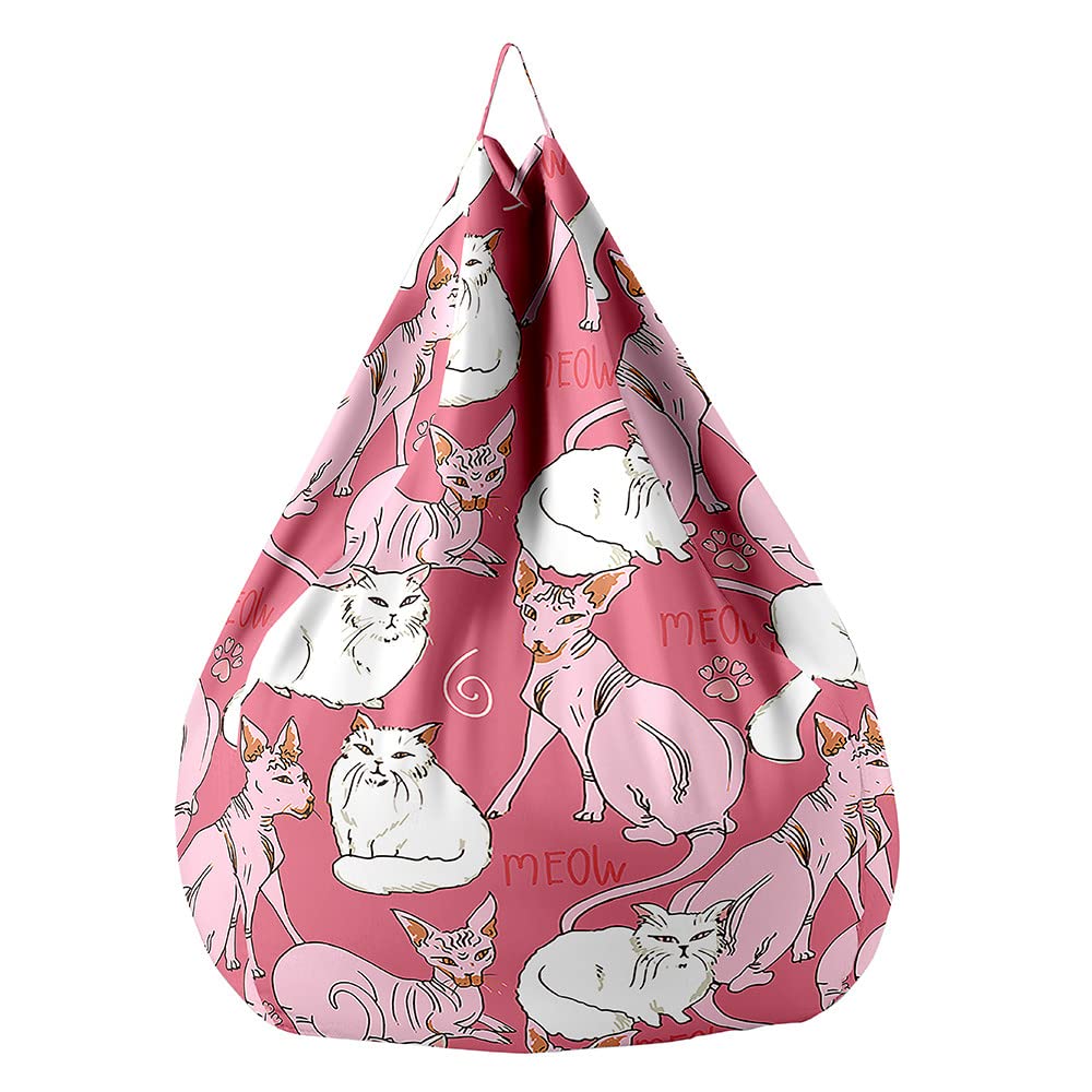 Fodera Per Pouf A Sacco Forma Di Pera Con Stampa Gatto - 70x80 Cm Rosa, In Cotone Lino Con Cerniera, Copertura Per Bean Bag Senza Riempimento
