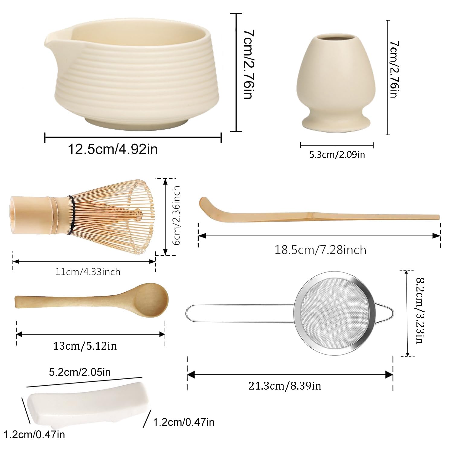 Matcha Tea Set Beige Weiß,7 Piece Matcha Besen Set, with Matcha Whisk, Matcha Broom,Matcha Schale,Matcha Bowl with Spout,Matcha Besen Halter,Bamboo Spoon,Perfect Matcha Starter Set,Japanisches Tee-Set