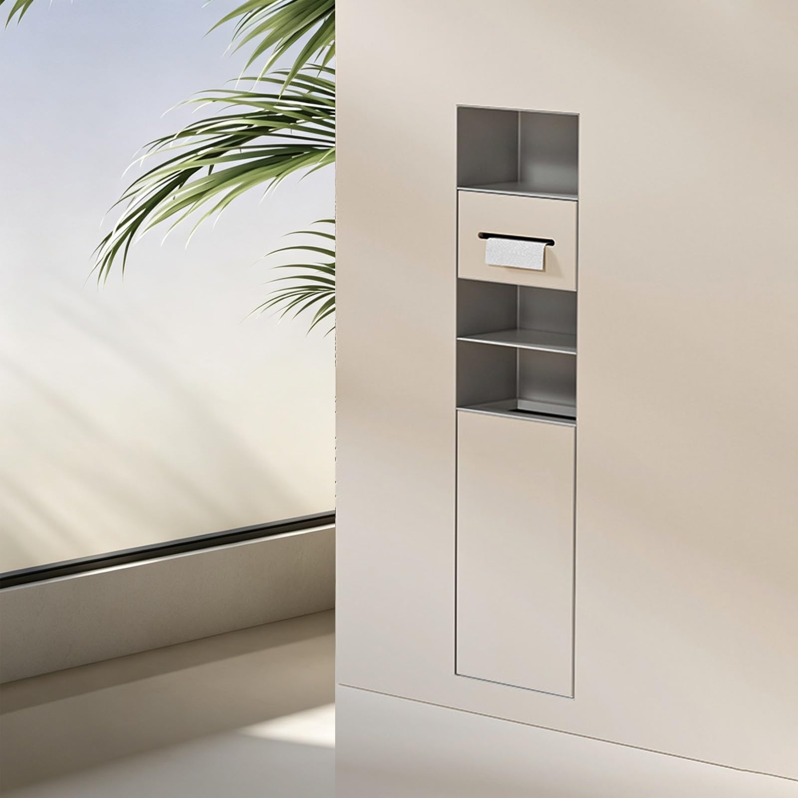 MESCXTY Recessed Wall Niche, 304 SS Toilet Paper Holder with Hidden Trash & Phone Shelf