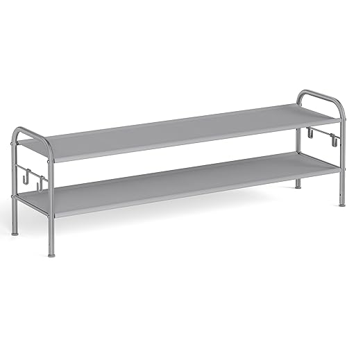 SONGMICS Shoe Rack, 2 Tier Shoe Organizer, Fabric Shoe Shelf Storage with 4 Hooks, Holds up to 12 Pairs of Shoes, Height-Adjustable Shoe Rack for Entryway, Hallway, Closet, Easy Assembly, Dove Gray