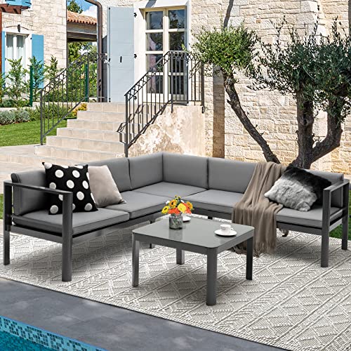 Tangkula 3 Piece Aluminum Patio Furniture Set, Patiojoy Outdoor Sectional Sofa Set With 6-Level Reclining Backrest, Tempered Glass Tabletop, Seat & Back Cushions Included For Backyard, Poolside (Grey) #TOP1