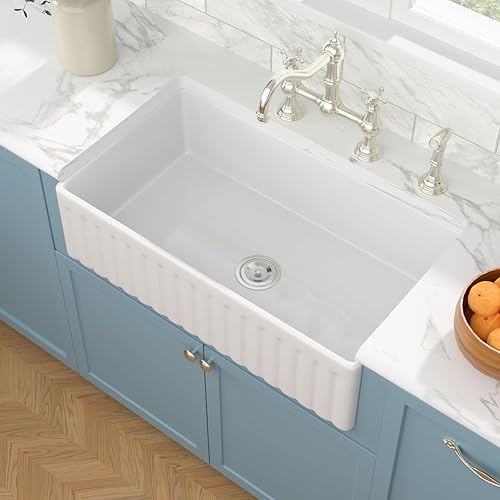 Sarlai 36 White Farmhouse Sink - 36 x 20 Inch Kitchen Sink Apron Front Single Bowl Reversible Ceramic Porcelain Vitreous Fireclay Single Bowl Farmer Sinks Basin