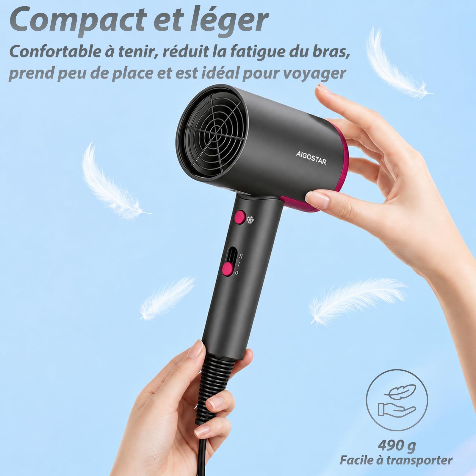 Aigostar Sèche-cheveux Compact Voyage Ionique avec Buse Coiffante | 2200W Puissant pour Séchage Rapide, Câble Rallongé 1,75m, Léger 490g, Air Froid Instantané, Idéal Maison et Voyage