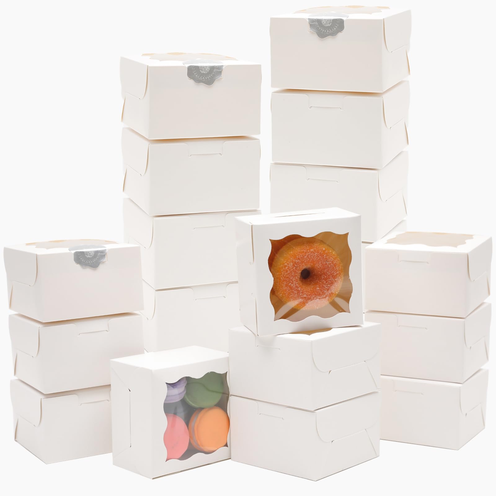 Gcardist Weiß Bäckerei Boxen mit Fenster 30 Stück 10.1 * 10.1 * 6.3cm Mini Cookie Boxen Macaron Boxen Kleine Donut Gebäck Boxen für Party(4x4x2.7 inch)
