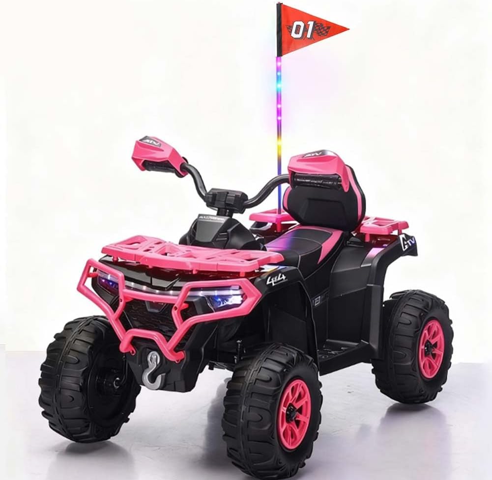 24V Kids Electric Car, Electric ATV for Kids 3-8 with Color-Changing LED Light Bar & Flag Pole | 2WD Off-Road Ride-On Toy | Bluetooth Music | CPSIA Certified | All-Terrain Car (Pink)