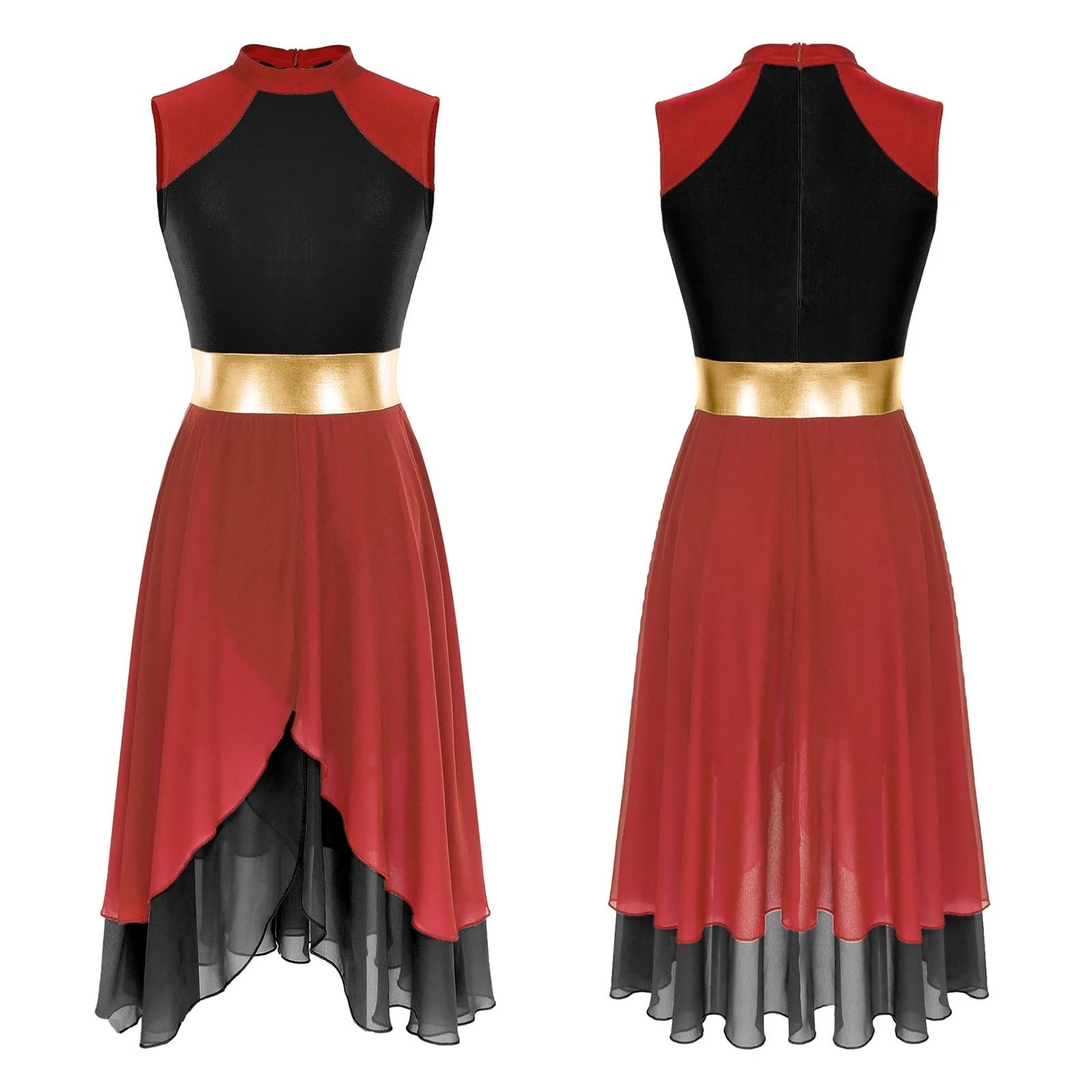 Hwjfdc Women's Red Black Modern Ballet Costumes Sleeveless Lyrical Dance Dress Color Block Stage Performance Ballet Dancewear Ballroom Leotard Dress(,M)